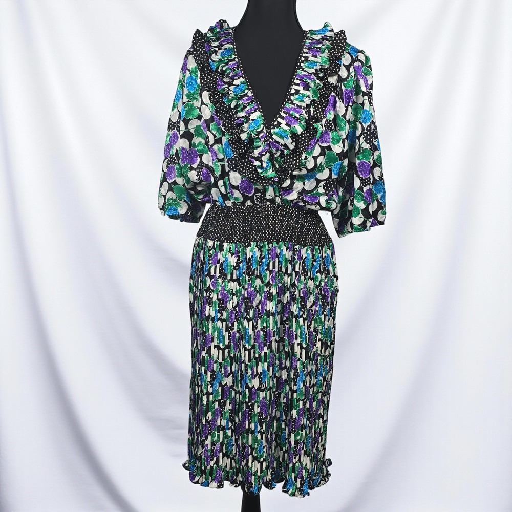 Vintage Montage Petite Dress Woman MED Floral Polka Dot Ruffle V Neck Midi Retro